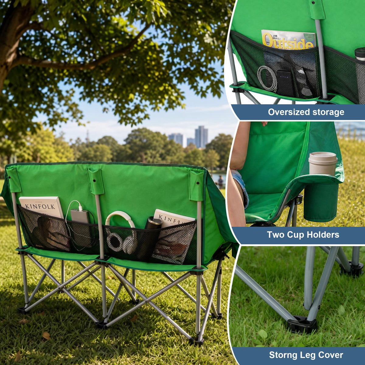 Double Camping Chair with Cup Holders & Side Pockets