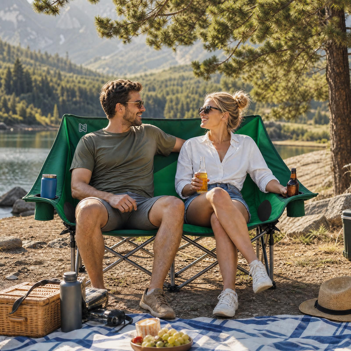Double Camping Chair with Cup Holders & Side Pockets