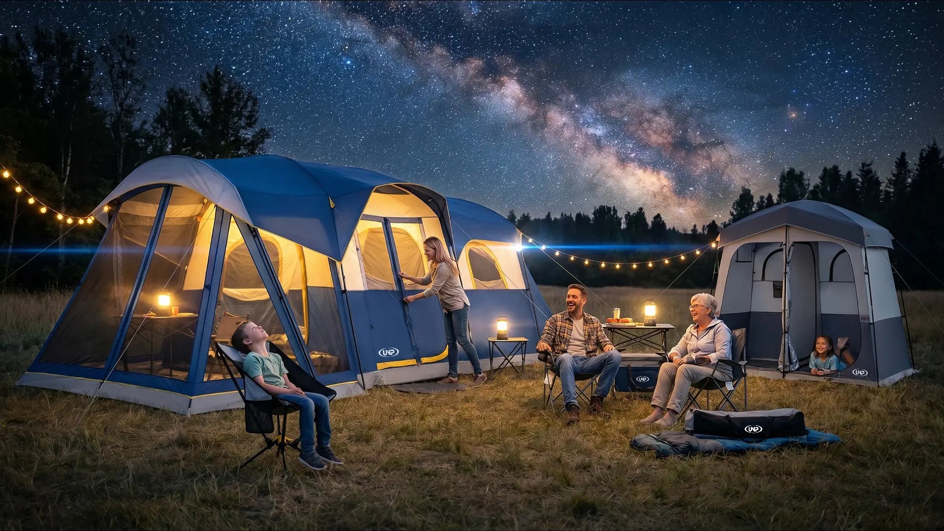 UNP 8-person tunnel tent with a 2-person shower tent and camping chairs, set under a starry night sky. A romantic, cozy family campsite with string lights, creating a relaxing outdoor adventure.