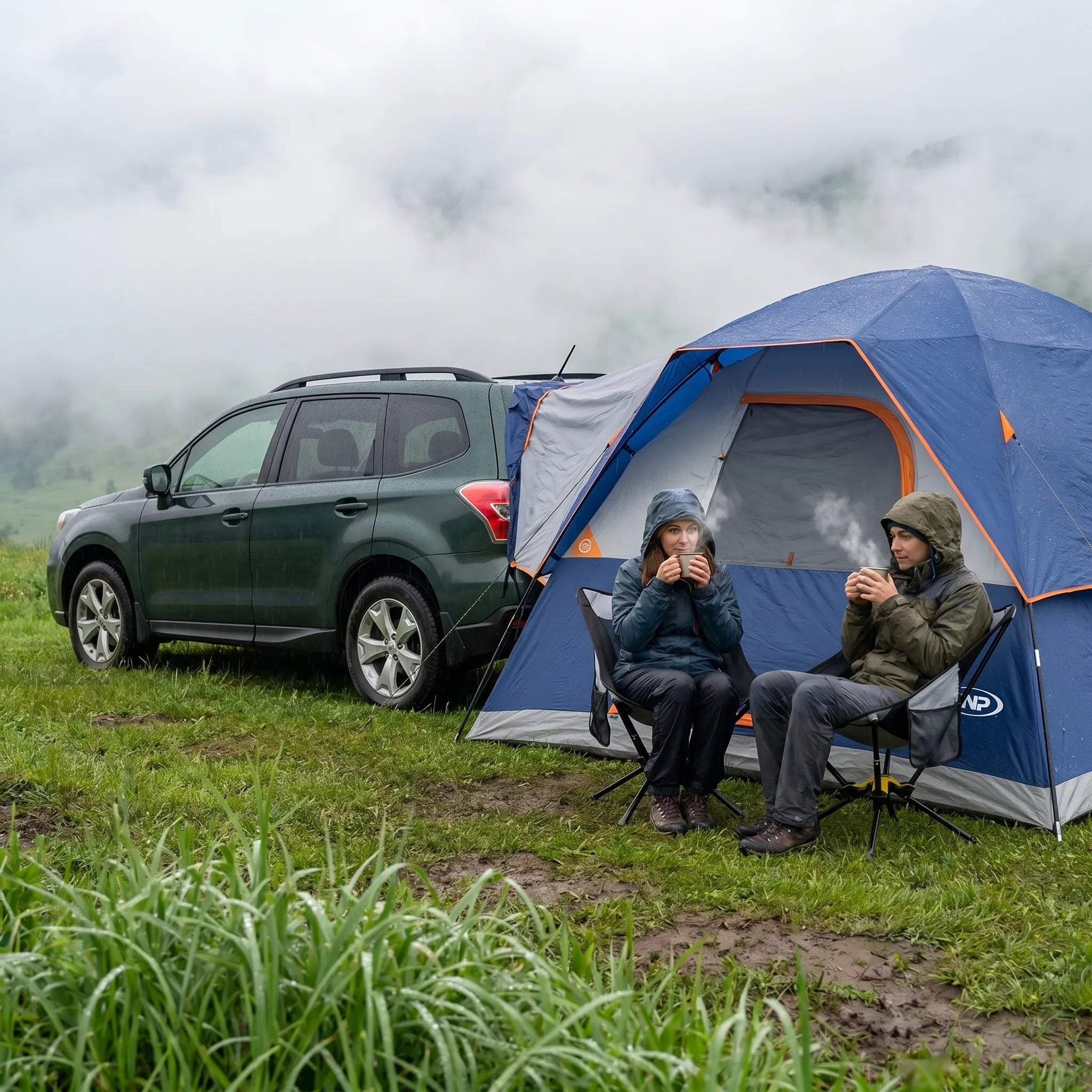 alt="New arrival UNP weatherproof camping tent beside SUV car, rainy outdoor camping scene, couple sitting under rainproof large family tent"