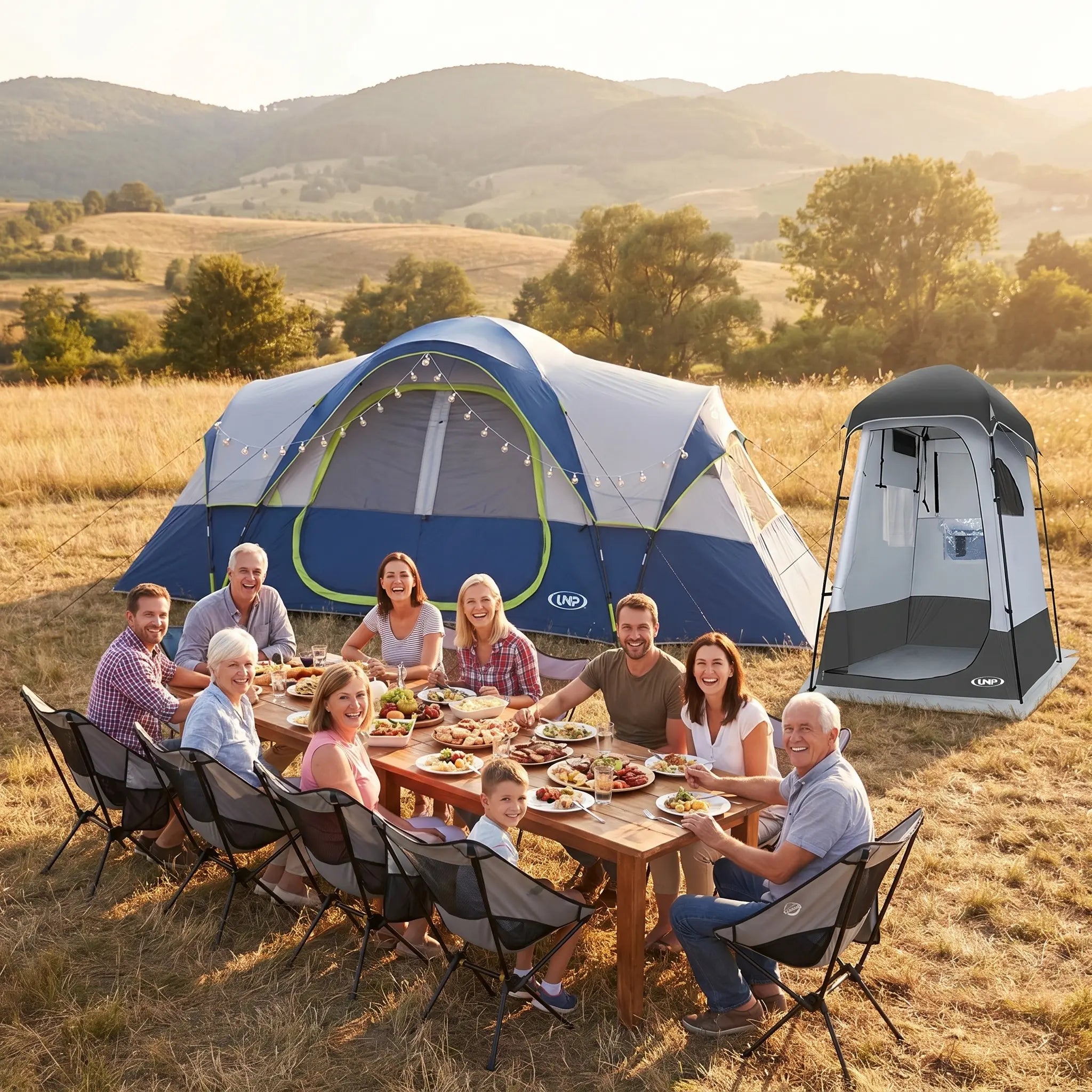 "UNP large family camping tent with portable shower shelter, big group outdoor dinner scene, spacious multi-person cabin tent for family glamping"