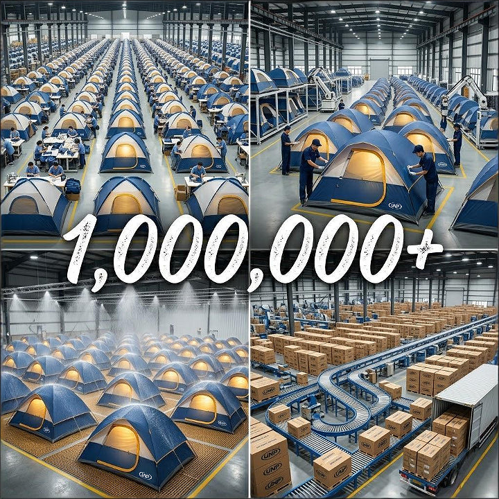 UNP outdoor tent factory production line with 1,000,000+ units sold annually, mass manufacturing of family and SUV tents