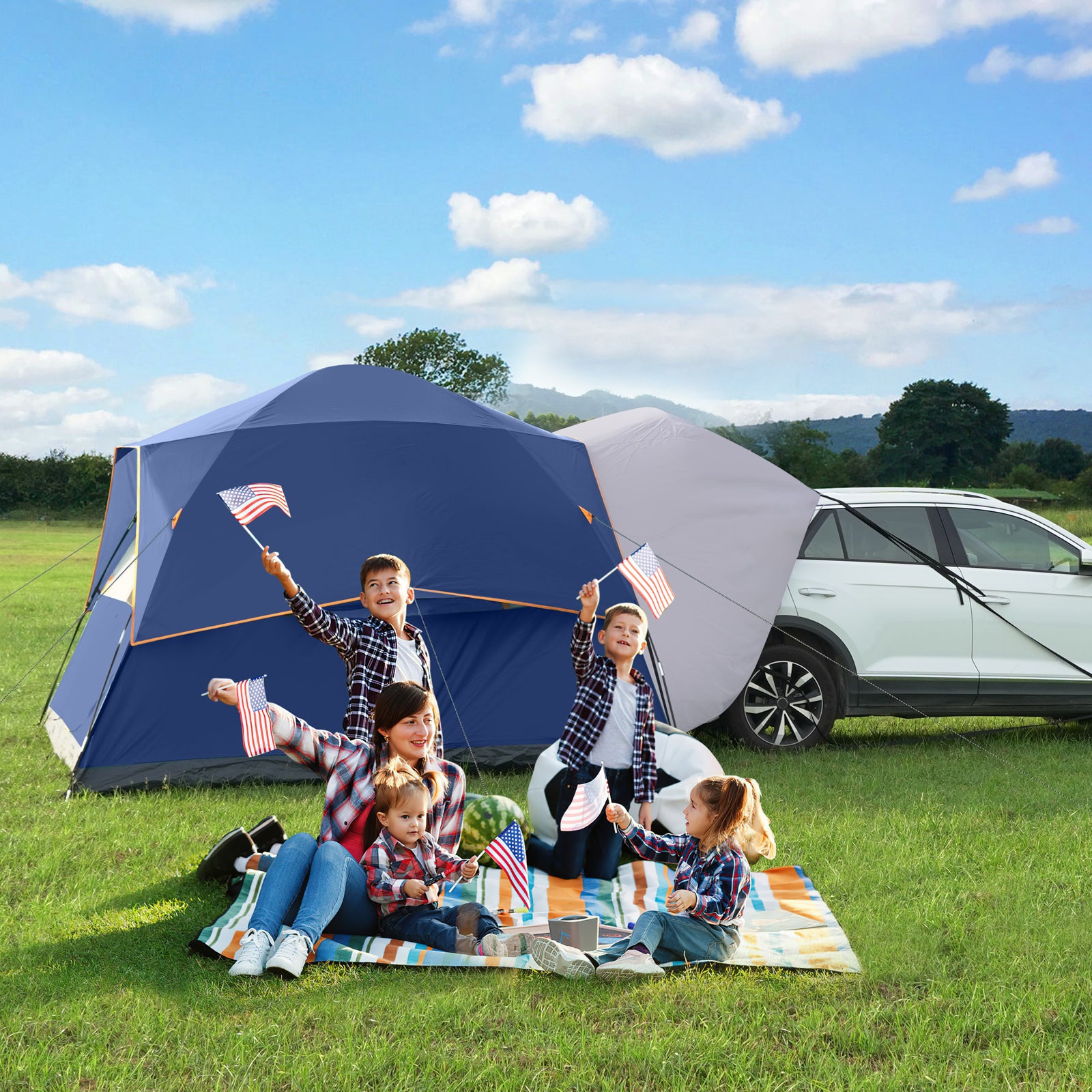 Family camping with UNP SUV tent, connected to car for instant outdoor home and family fun