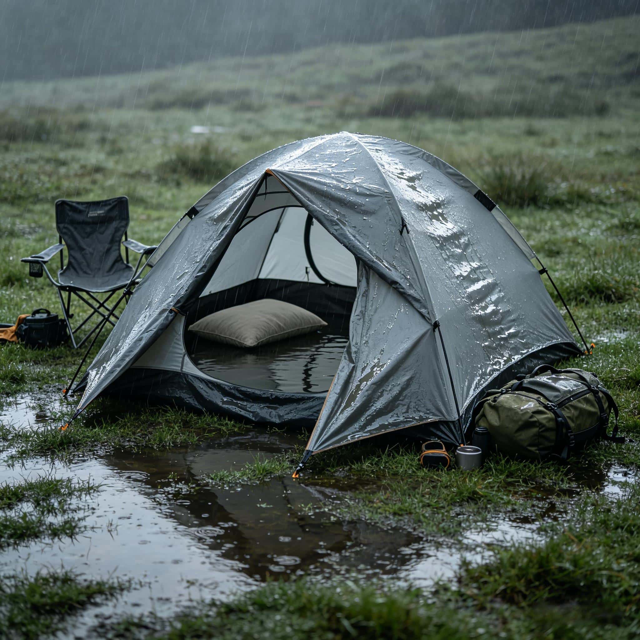competitor tent leaking in heavy rain, showing poor waterproof and windproof performance. Unlike UNP tents, this model fails to keep campers dry in wet weather, highlighting the importance of reliable camping gear.