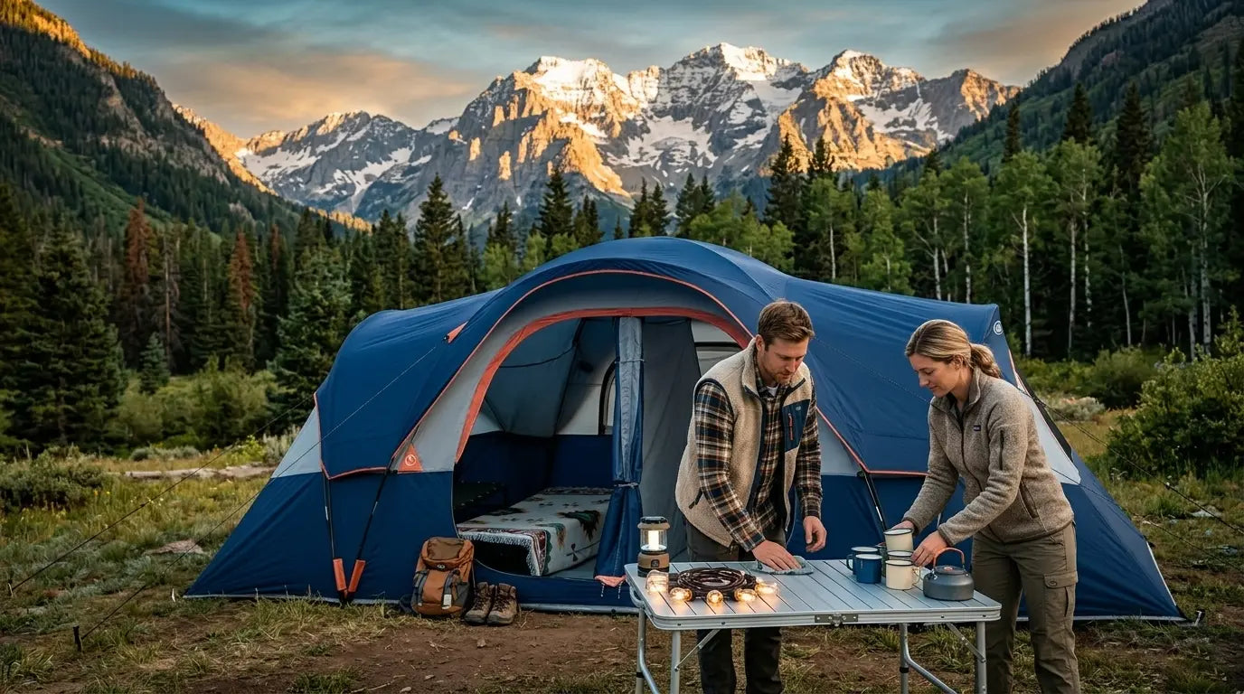 UNP large blue family camping tent with couple preparing outdoor dinner in mountain campsite, "Your Home Anywhere"
