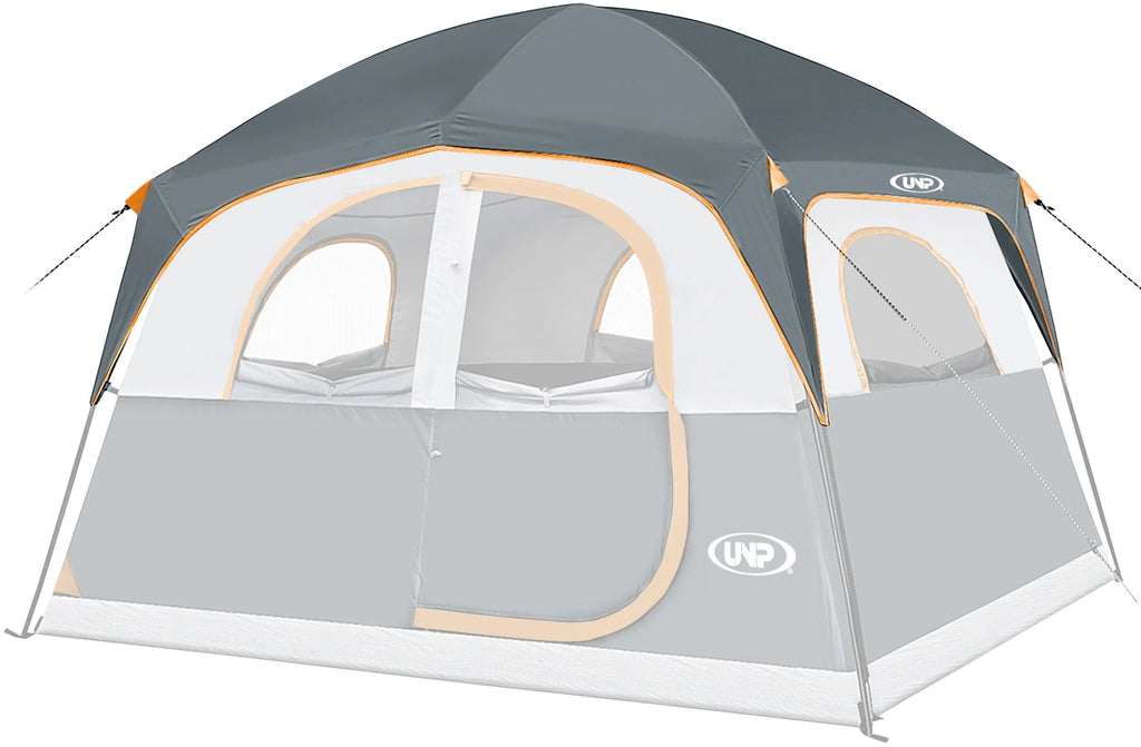 Grey orange UNP 6-person camping tent, full coverage waterproof rain fly cover, spacious outdoor family shelter