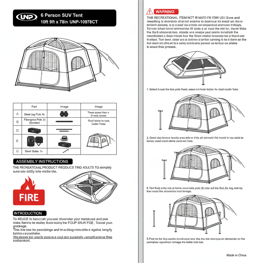 UNP camping tent assembly instruction manual, including setup steps, safety warnings and multi-model diagrams for all tent types