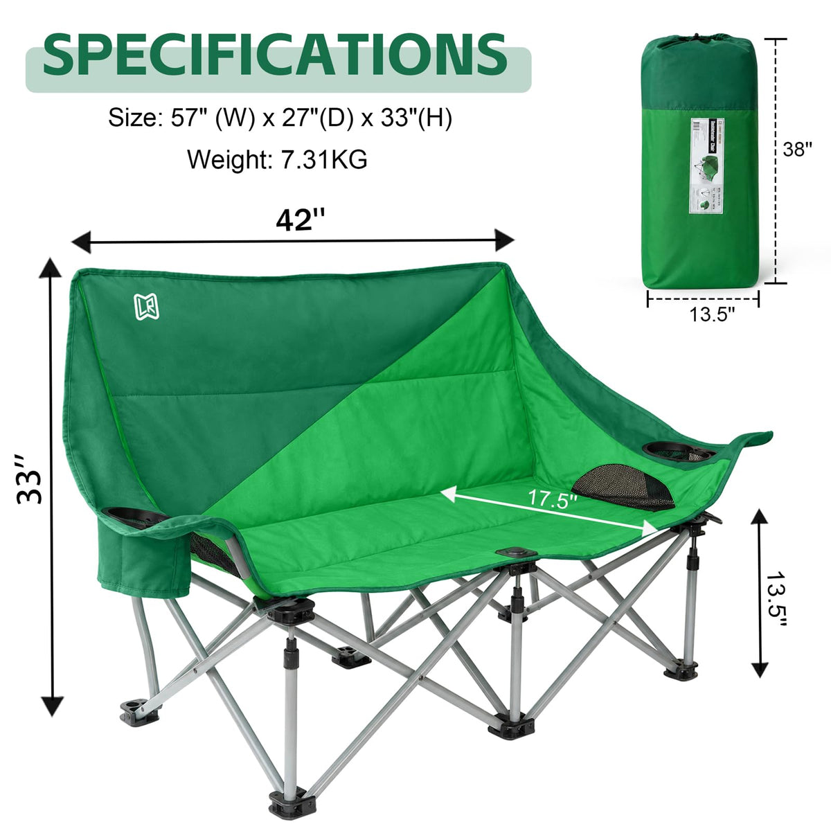 Double Camping Chair with Cup Holders & Side Pockets