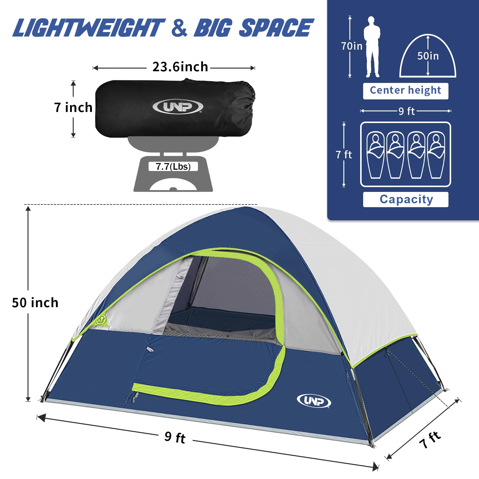 UNP 2-4 Person Tent, Waterproof Fast Setup Family Camping Tent