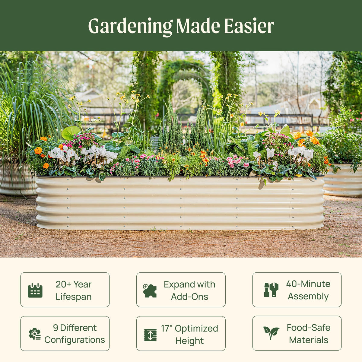 HIKERGARDEN 9-in-1 Metal Raised Garden Bed, 8' x 2' – Olive Green