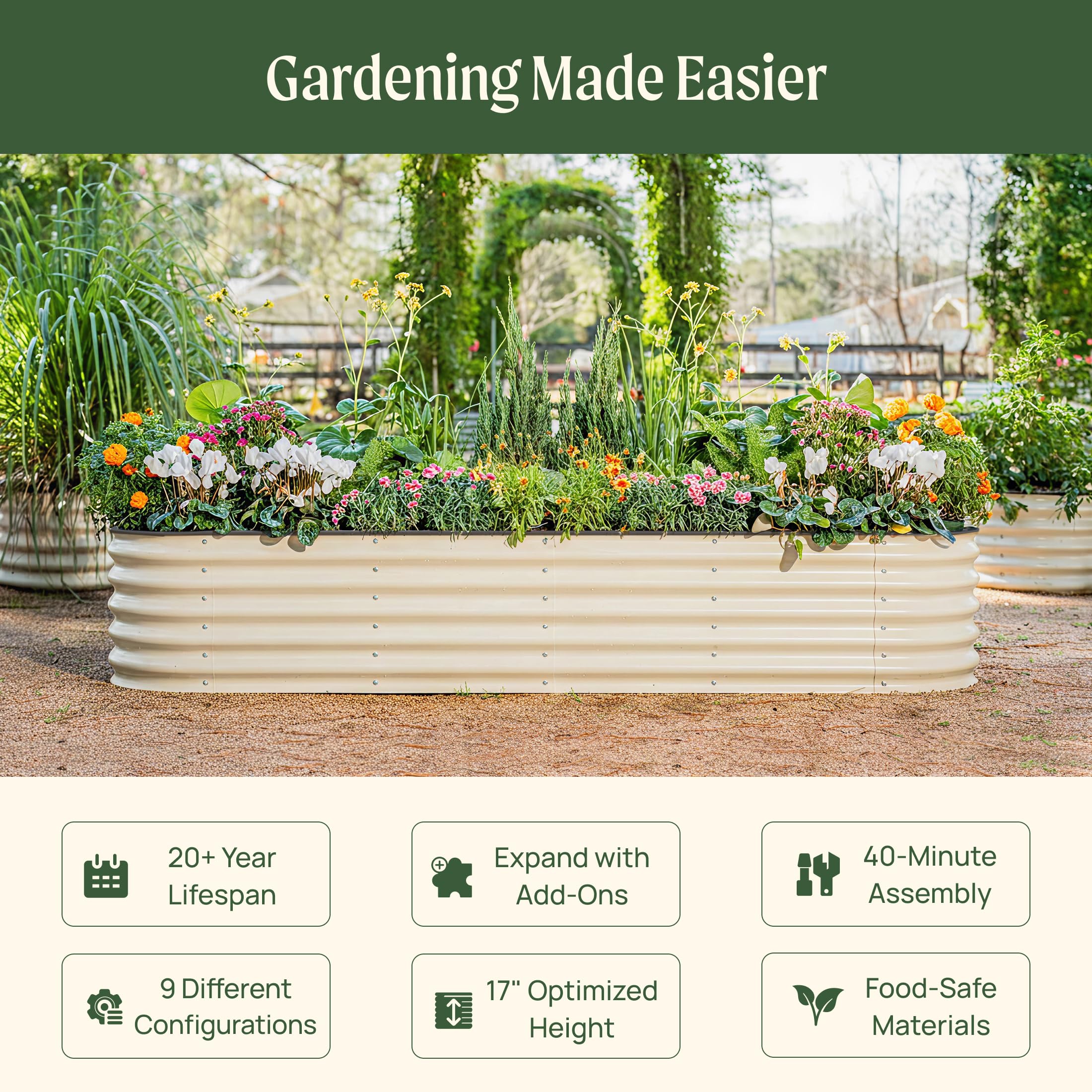 Hiker Garden 9-in-1 Metal Raised Garden Bed, 8' x 2' – Olive Green