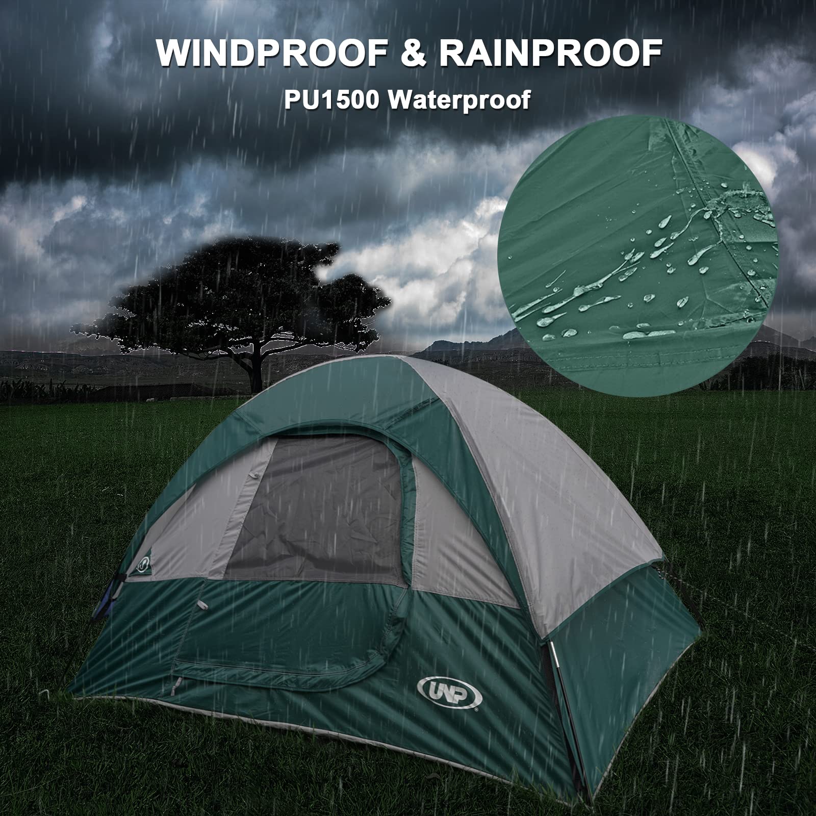 UNP 2-4 Person Tent, Waterproof Fast Setup Family Camping Tent
