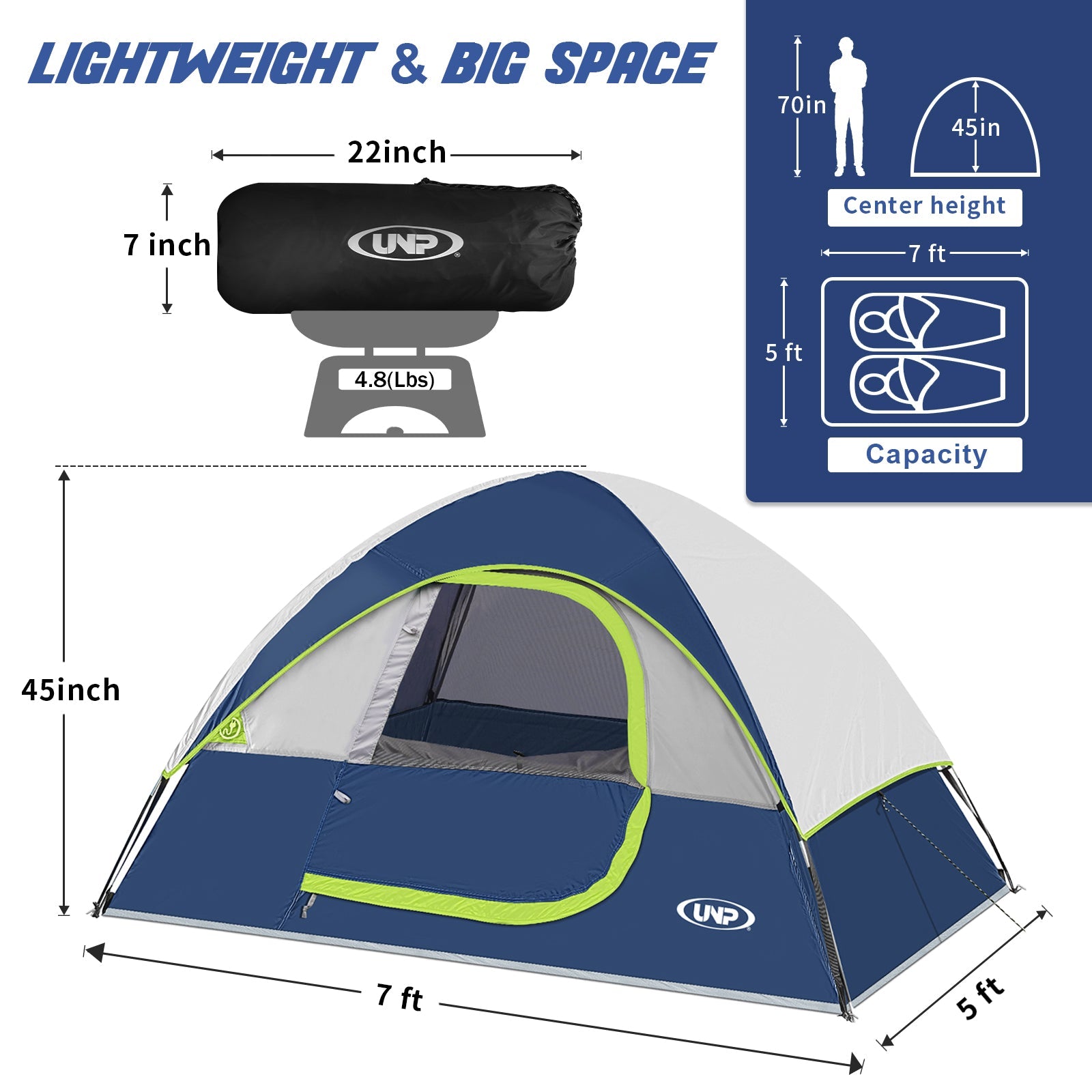 UNP 2 Person Lightweight Tent - by UNP OUTDOOR-Dimension View