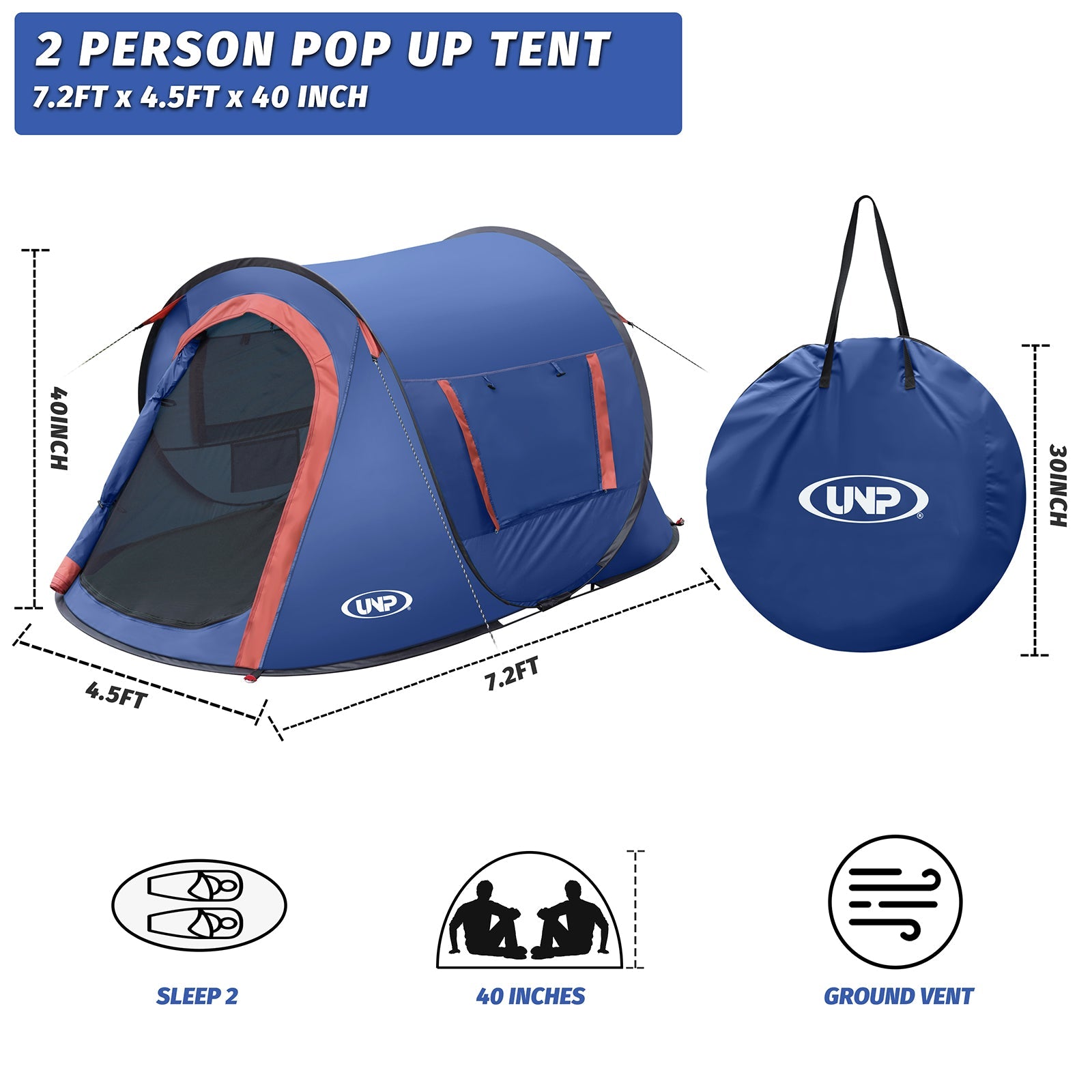 UNP 2 Person Pop Up Tent - by UNP OUTDOOR-Dimension View 