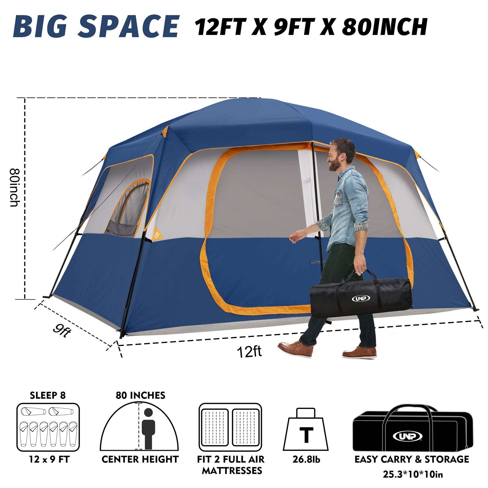 UNP 8 - Person Family Tent - Large Waterproof Camping Shelter - by UNP OUTDOOR